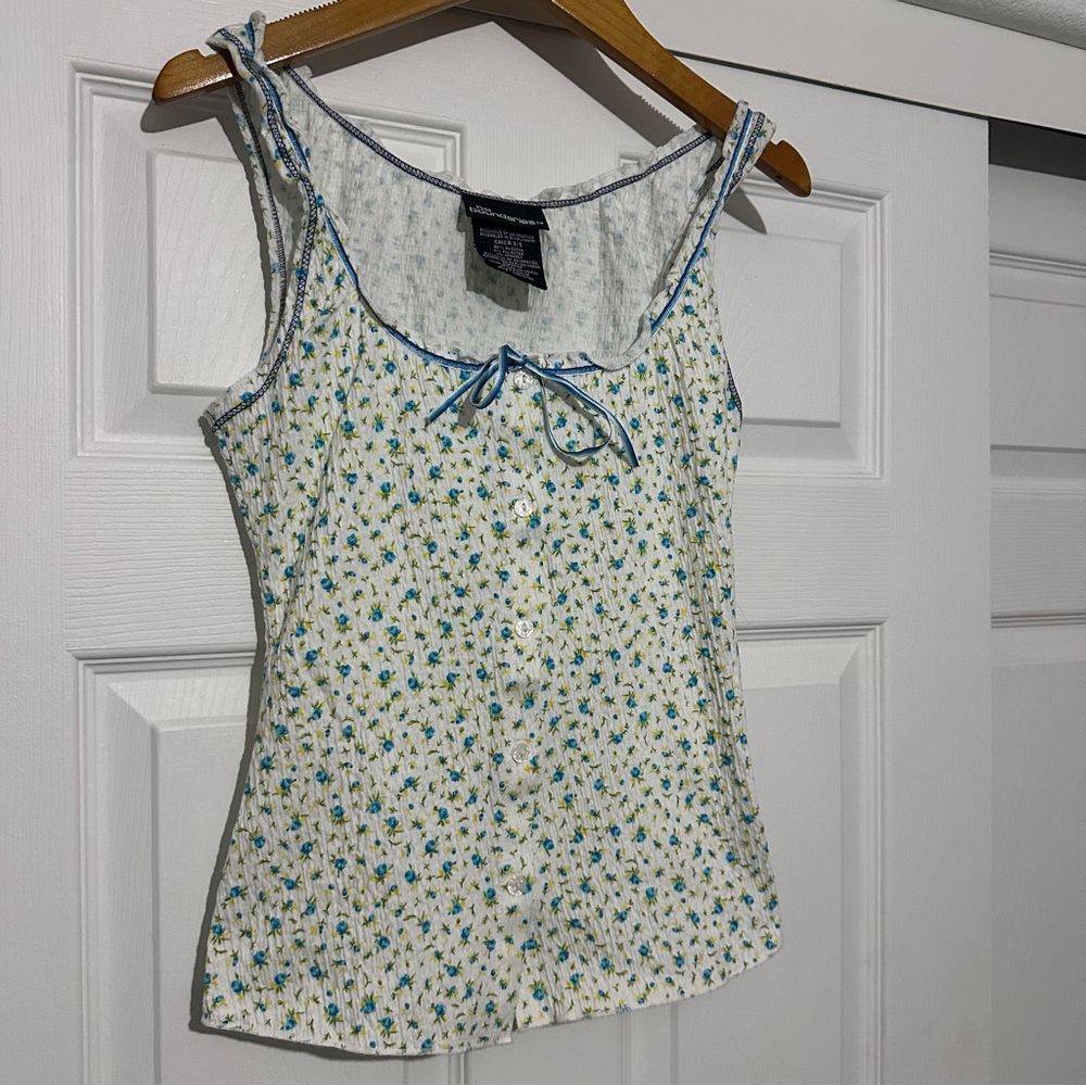 Y2K No Boundaries Babydoll Floral White Green Blue Tank Top Cottagecore Boho